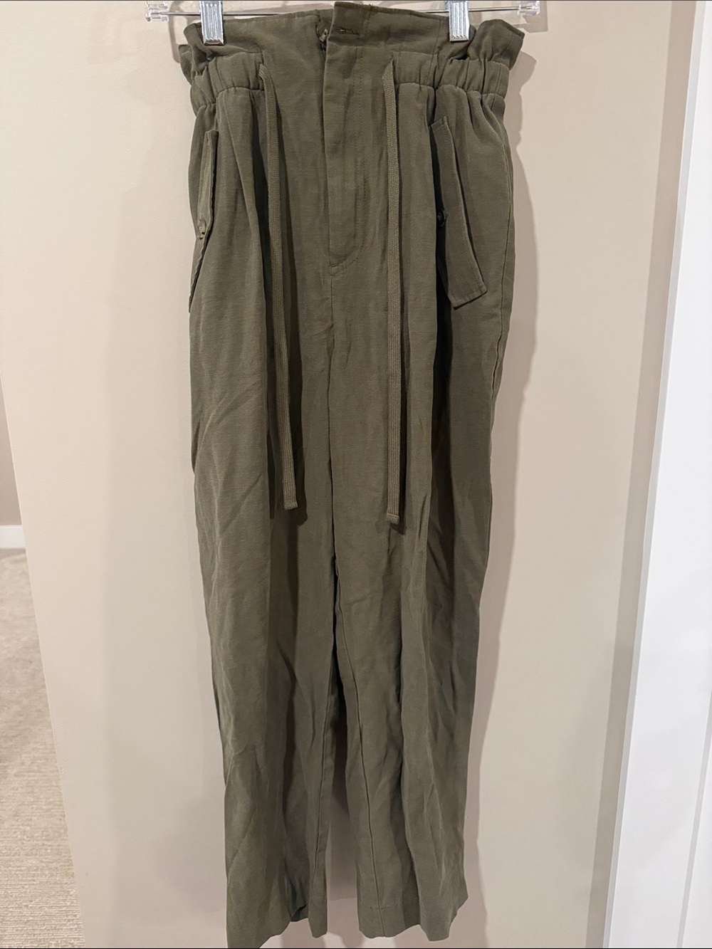 Olive Green Relaxed Linen-Blend Pants